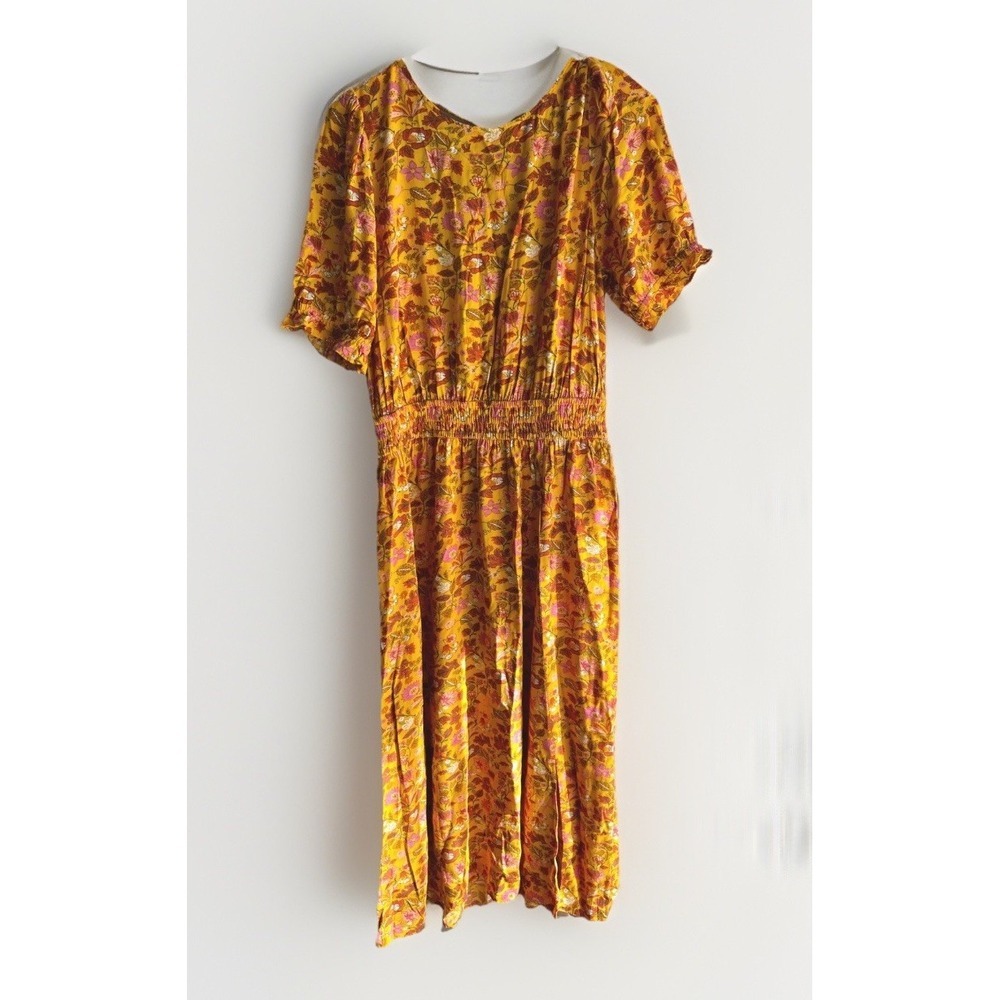 Floral Print Dress Smocked Waist Yellow Pink Rust Short Sleeve CasualFeminine